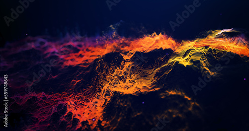 Abstract moving multicolored purple and yellow futuristic landscape of particles and dots of energetic magic with glow and blur effect, abstract background