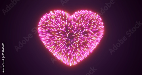 Abstract purple pink fireworks festive fireworks for valentine's day in the shape of a heart from glowing particles and magical energy lines. Abstract background