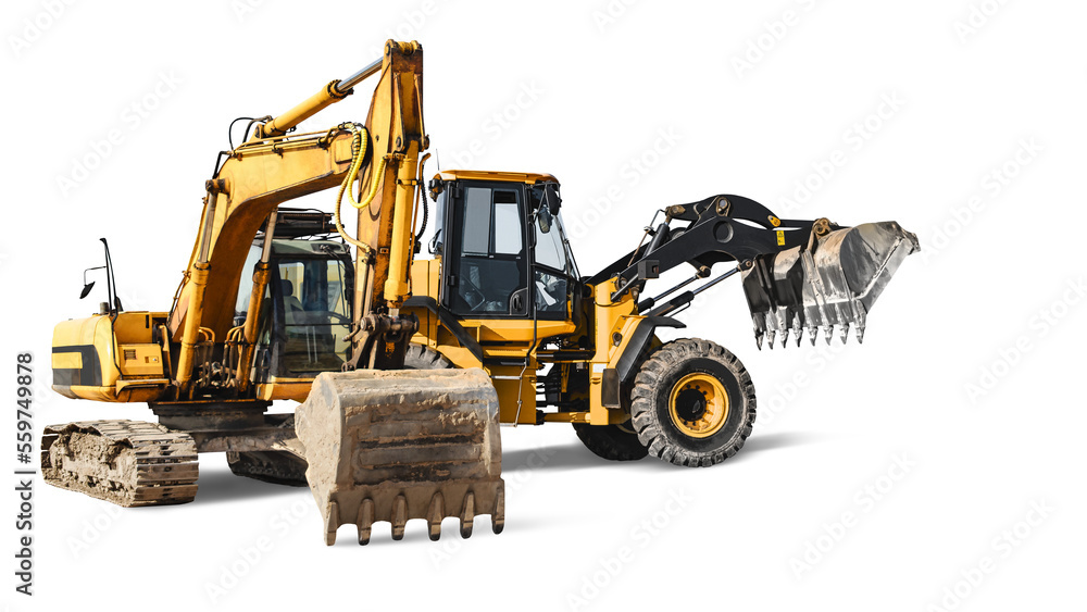 Excavator and bulldozer loader close-up on a white isolated background.Construction equipment for earthworks. element for design. Excavator and bulldozer loader close-up on a white isolated background.Construction equipment for earthworks. element for design.
