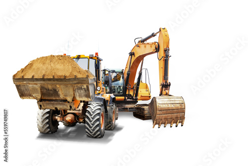Excavator and bulldozer loader close-up on a white isolated background.Construction equipment for earthworks. element for design.