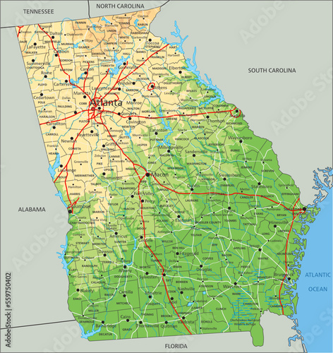 High detailed Georgia physical map with labeling.