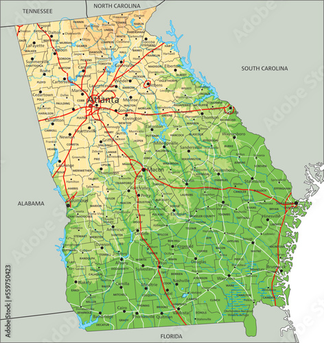High detailed Georgia physical map with labeling.