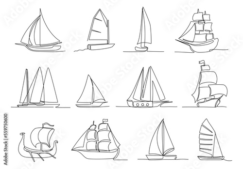 One continuous line sailing ship. Hand drawn different types of sailboat, ships and sailing yacht isolated vector illustration set