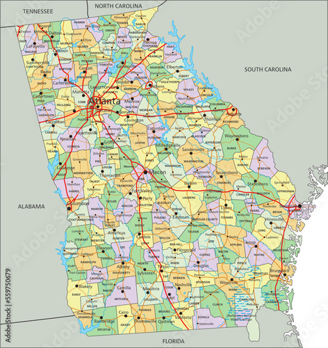 Georgia - Highly detailed editable political map with labeling.