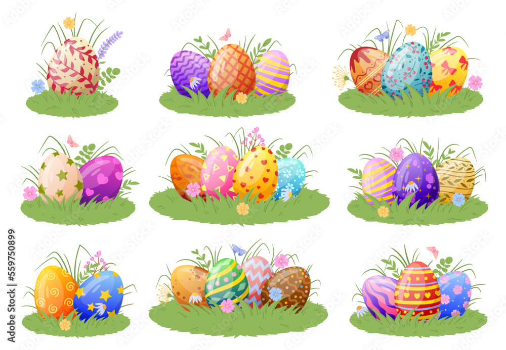 Easter chocolate eggs. Cartoon spring holiday painted eggs on grass lawn, Happy Easter colorful decoration eggs flat vector illustration set. Traditional egg hunt game design