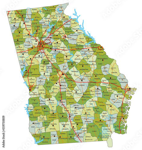 Highly detailed editable political map with separated layers. Georgia.