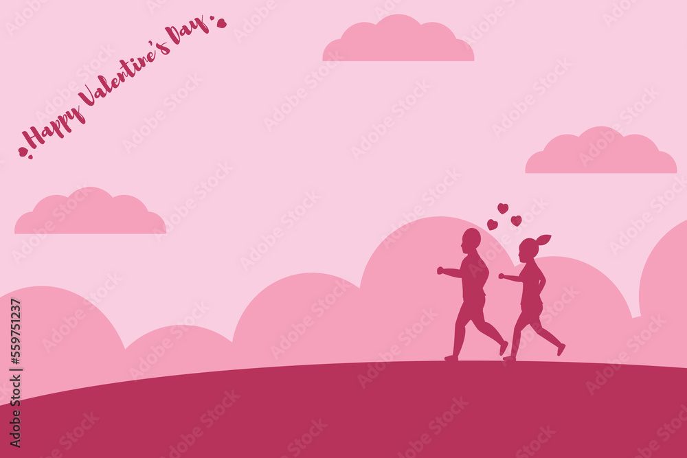 Couple jogging for good health. Expressing love, Lovers relationship, Design for Valentine's day festival on pink background, Valentine's day concept, Vector illustration.