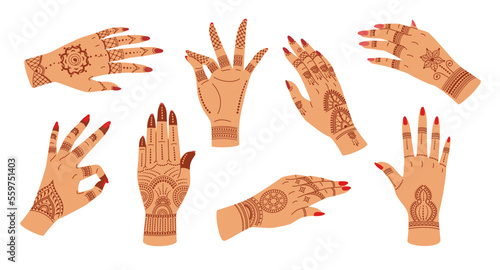 Mehndi ceremony hands. Elegant woman hand with Indian patterns henna tattoo. Hand gestures with floral ornaments vector illustration set