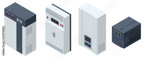 Isometric Voltage regulators set icons. A voltage regulator is a system designed to automatically maintain a constant voltage.