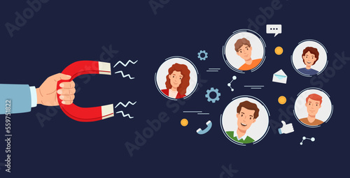 Customer retention. Online traffic magnet, strategy of customers attraction and inbound marketing vector Illustration photo