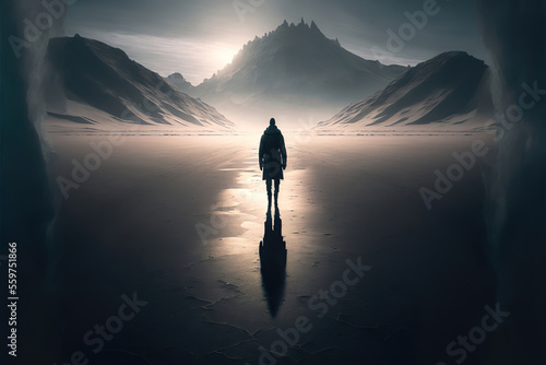 silhouette of a person in the empty desert with mountains, abstract landscape background, generative ai
