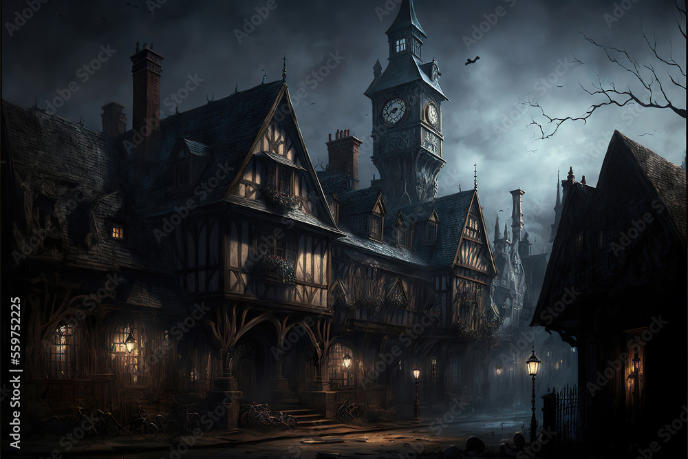 haunted halloween gothic dark castle in the night, generative ai - obrazy, fototapety, plakaty 