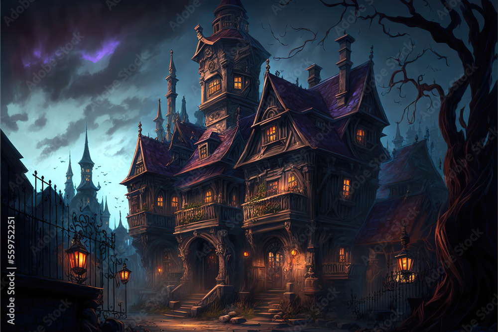 haunted halloween gothic dark castle in the night, generative ai