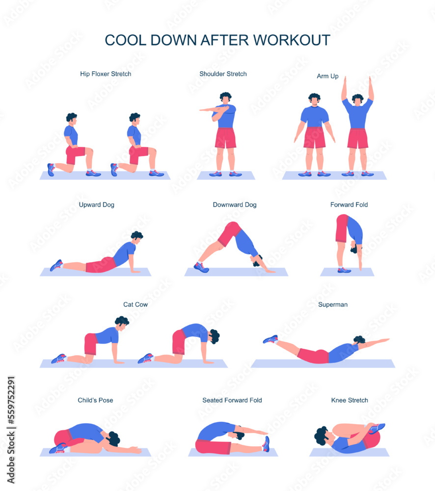 Cool down after workout exercise set. Male character doing stretching
