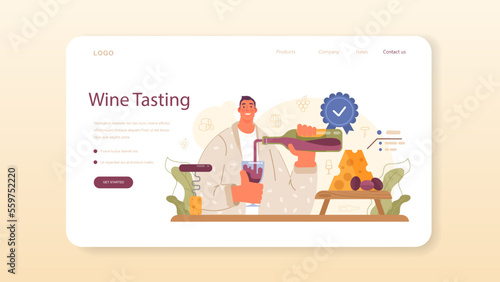 Wine maker web banner or landing page. Wood barrel, bottle
