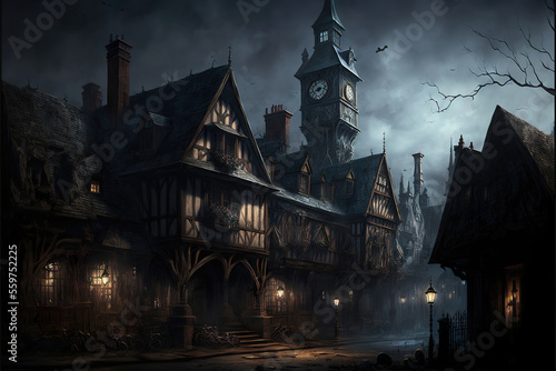 Fototapete haunted halloween gothic dark castle in the night, generative ai