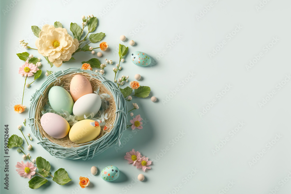 easter eggs and flowers and decoration on pastel color background, generative ai