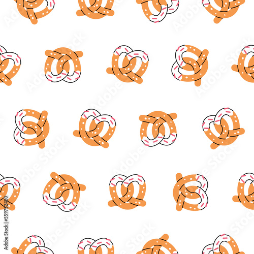 Cute heart-shaped pretzel seamless pattern. Vector cartoon design on white background. Sweet sugar dessert to show love. Background for Valentine day. 