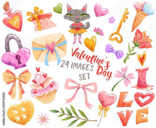 Valentines day watercolour set of elements. Cat, letter, potion, bow, ice cream, cupcake, flowers, hearts and others