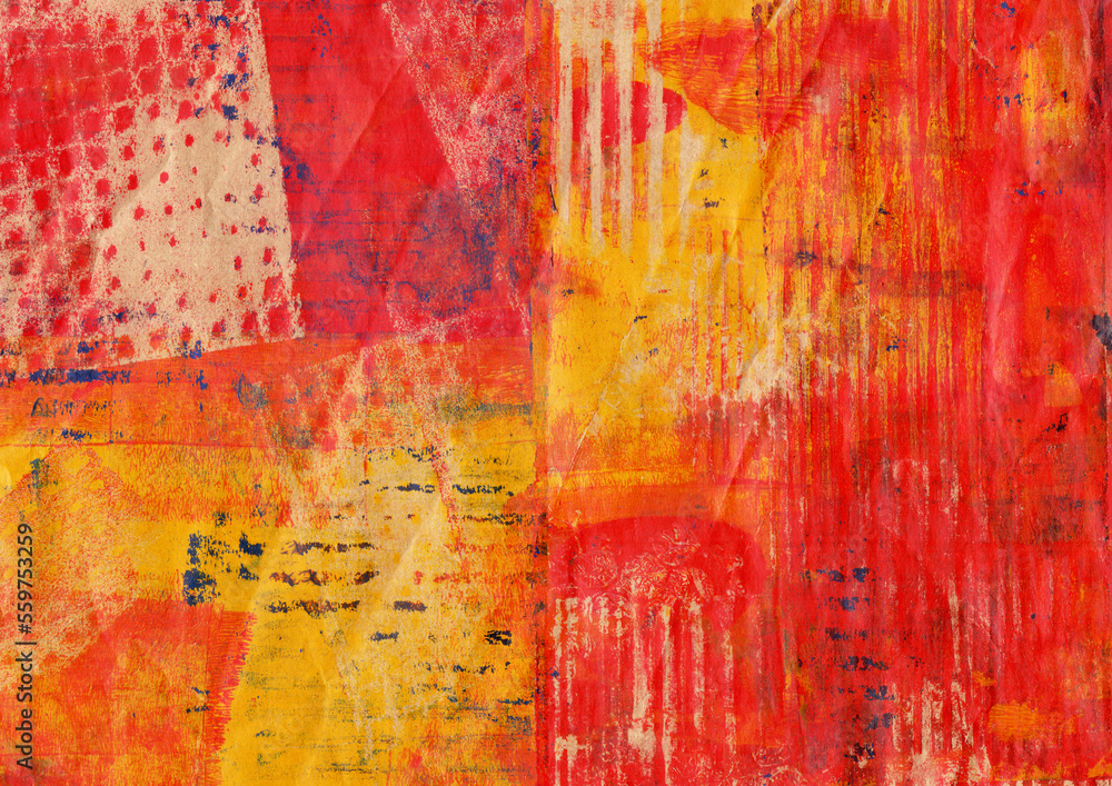 Yellow and red, abstract grunge Background Illustration. Gel Print on paper