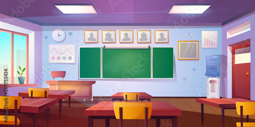 Cartoon empty classroom. Education school or college class interior with green blackboard, teacher and pupil tables, wooden chairs. Room for studying with clock hanging on wall, posters, water cooler.