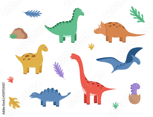 Fototapeta Naklejka Na Ścianę i Meble -  Cartoon set of funny dinosaurs. Vector illustration of cute dinosaur characters.