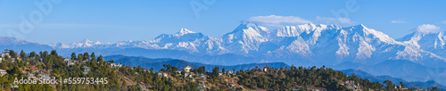 Panoramic view of Himalayan Mountain Ranges at Kasardevi, Nanital, Uttarakhand, Kumani Range. Himalaya Panoramic photography photo