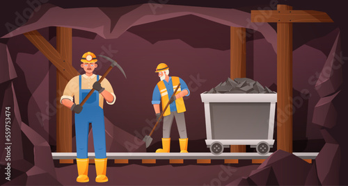 Miners in coal cave. Mine worker digging tunnel, rail trolley with ore and miner with pickaxe vector Illustration