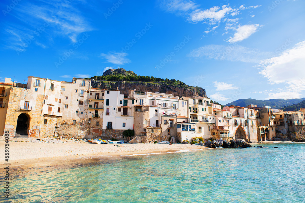 Beautiful view of Cefalu town, Sicily island, Italy. Popular travel destination