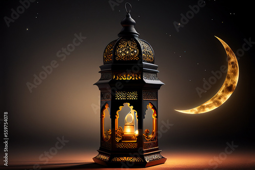 Billede på lærred Ramadan lantern with crescent moon on night sky background