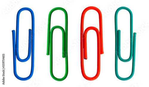 Colored paper clip on a white background close-up. Office stationery
