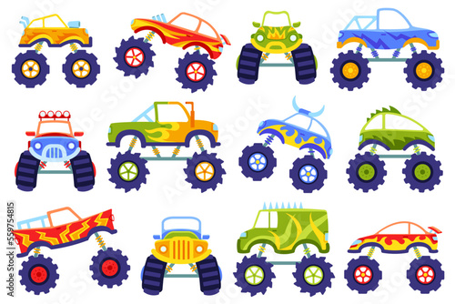 Cartoon monster trucks. Kids cars with big wheels, extreme race truck and heavy vehicles vector Illustration set