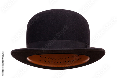 Black bowler hat front view isolated