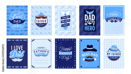 Father Day greeting card. Best dad ever badge, happy fathers day congratulation lettering vintage vector set