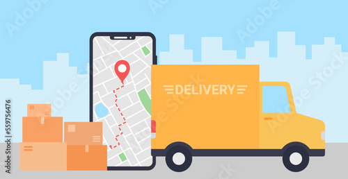 Delivery truck with cardboard box on mobile phone and city background. Phone with map and gps pin with location on screen. Delivery service concept.