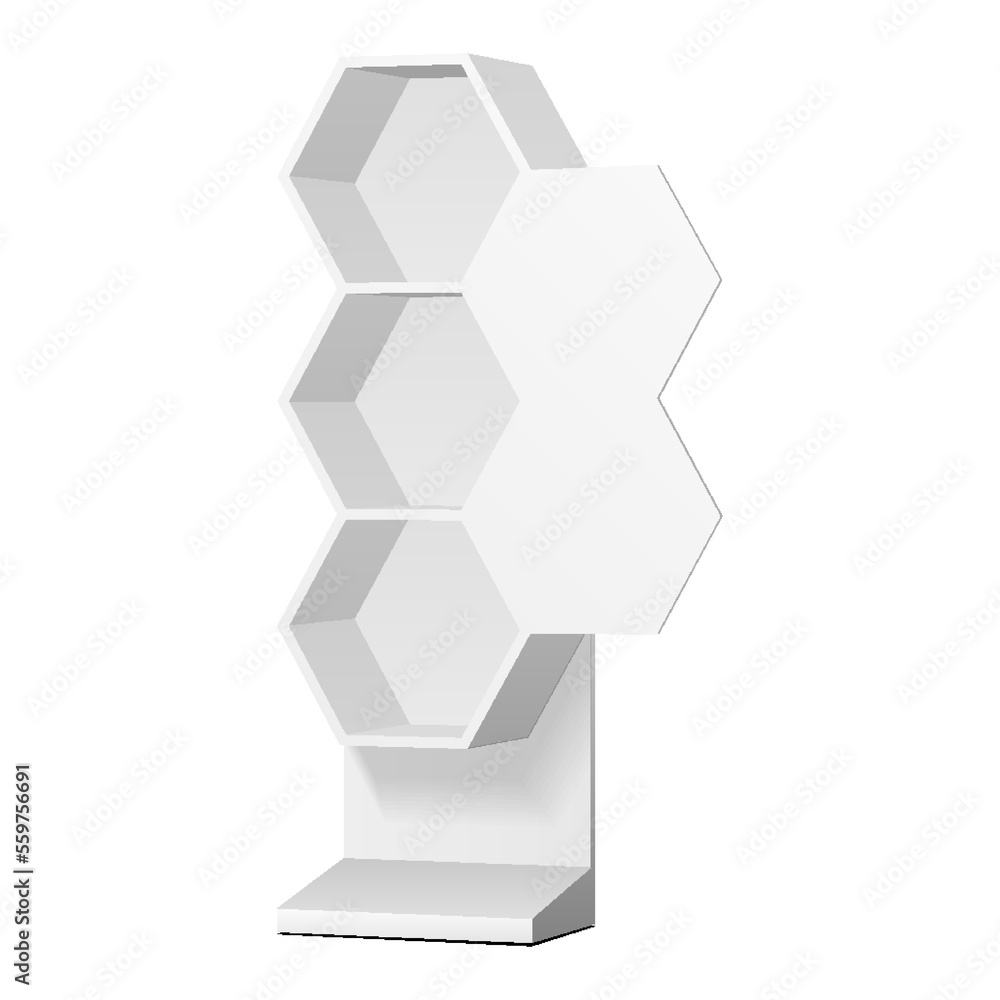 Mockup Hexagonal Retail Shelves Floor Display Rack For Supermarket Blank Empty. Cell. Cardboard . Mock Up. 3D On White Background Isolated. Ready For Your Design. Product Advertising. Vector EPS10 Mockup Hexagonal Retail Shelves Floor Display Rack For Supermarket Blank Empty. Cell. Cardboard . Mock Up. 3D On White Background Isolated. Ready For Your Design. Product Advertising. Vector EPS10