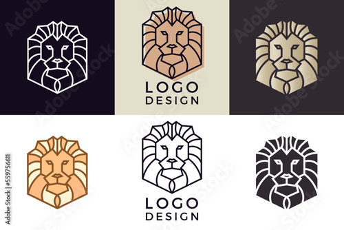 Stylized geometric Lion head illustration. Vector icon tribal design in 6 different styles
