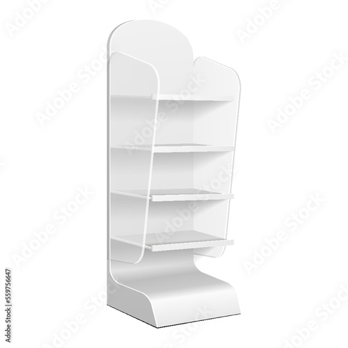 Mockup Cardboard Retail Shelves Floor Display Rack For Supermarket Blank Empty. Mock Up. 3D On White Background Isolated. Ready For Your Design. Product Advertising. Vector EPS10