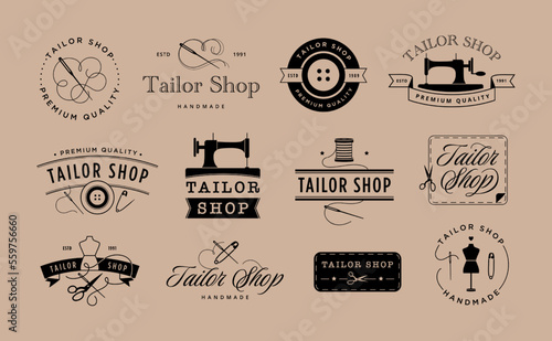 Tailor shop emblem. Elegant dressmaker label, atelier tag with dummy, needle and thread vector illustration set