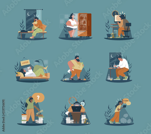 Bad habits set. Character with unhealthy lifestyle patterns and addictions.
