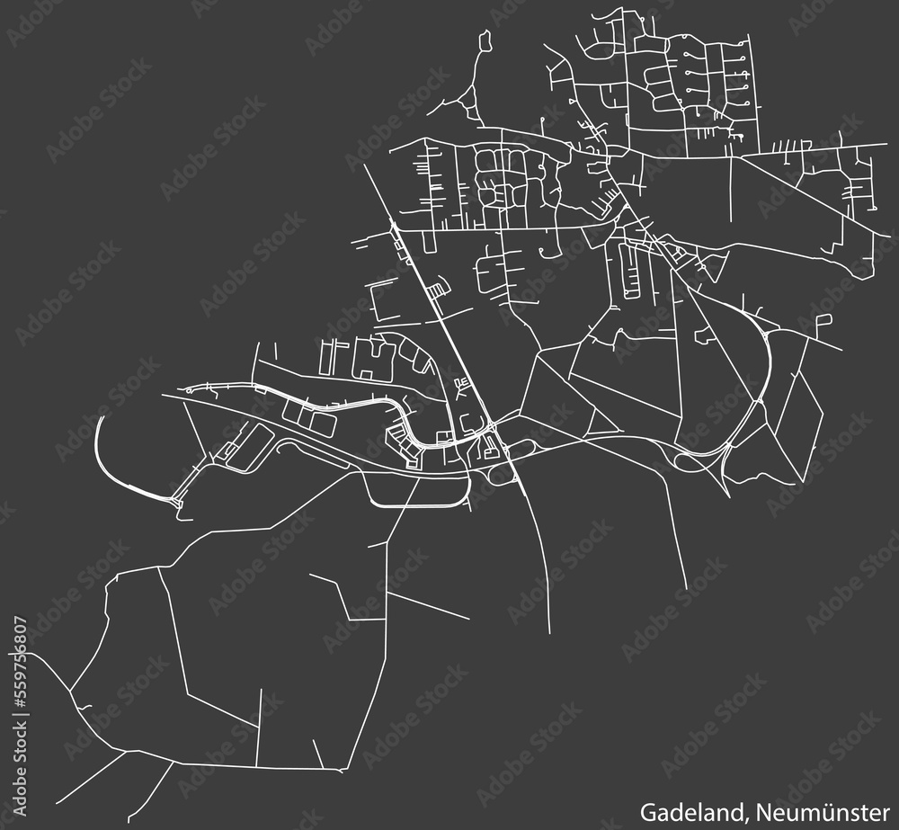 Detailed negative navigation white lines urban street roads map of the GADELAND QUARTER of the German town of NEUMÜNSTER, Germany on dark gray background
