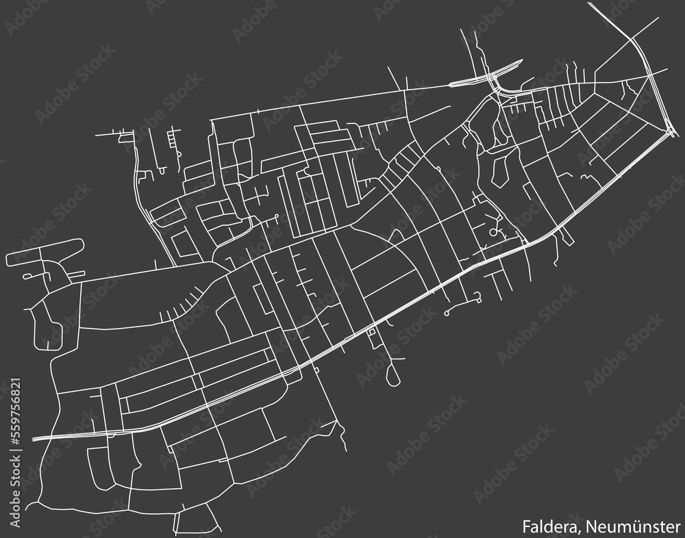Detailed negative navigation white lines urban street roads map of the FALDERA QUARTER of the German town of NEUMÜNSTER, Germany on dark gray background