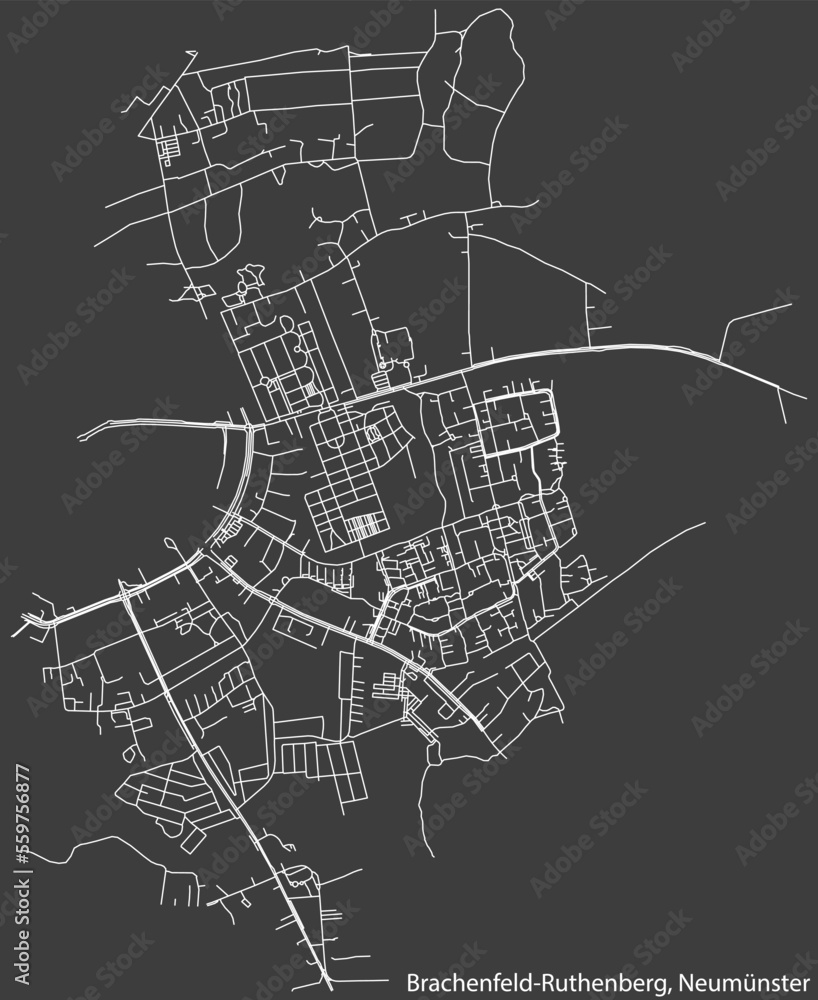 Detailed negative navigation white lines urban street roads map of the BRACHENFELD-RUTHENBERG QUARTER of the German town of NEUMÜNSTER, Germany on dark gray background