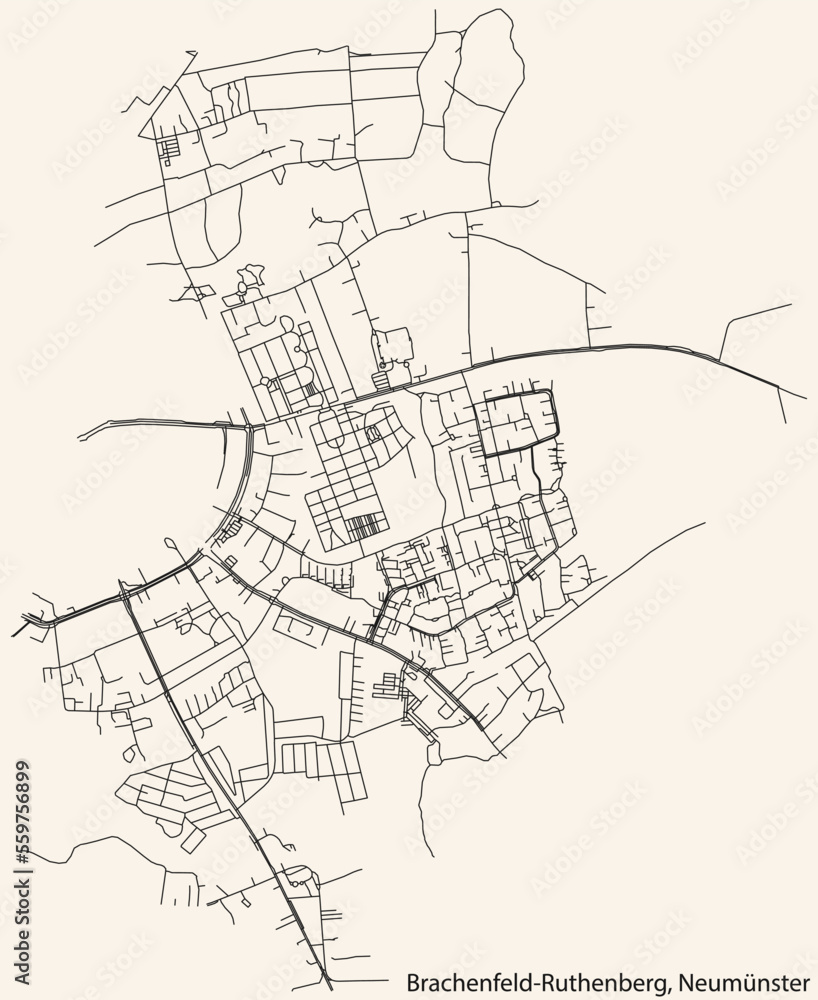 Detailed navigation black lines urban street roads map of the BRACHENFELD-RUTHENBERG QUARTER of the German town of NEUMÜNSTER, Germany on vintage beige background