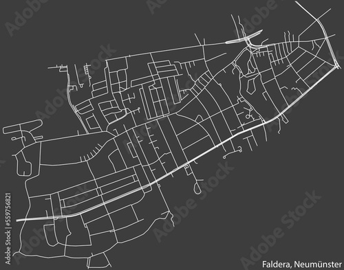 Detailed negative navigation white lines urban street roads map of the FALDERA QUARTER of the German town of NEUMÜNSTER, Germany on dark gray background