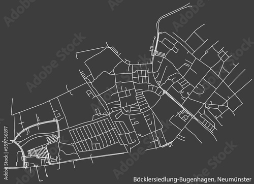 Detailed negative navigation white lines urban street roads map of the BÖCKLERSIEDLUNG-BUGENHAGEN QUARTER of the German town of NEUMÜNSTER, Germany on dark gray background