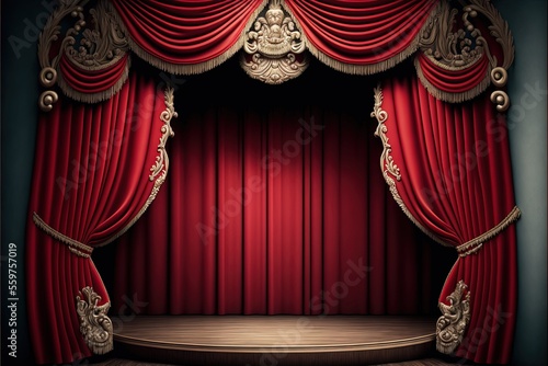 Empty theater stage with red velvet curtains, ai generated