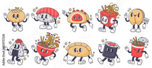 sian food mascot. Japanese dish character sushi roll, rice onigiri and ramen. Takeaway wok box noodles, chinese gedza and fortune cookie vector set