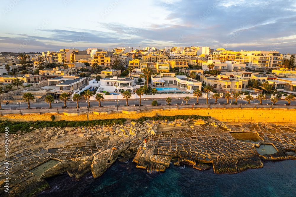 Marsaskala waterfront at sunrise, Malta. Aerial Drone View