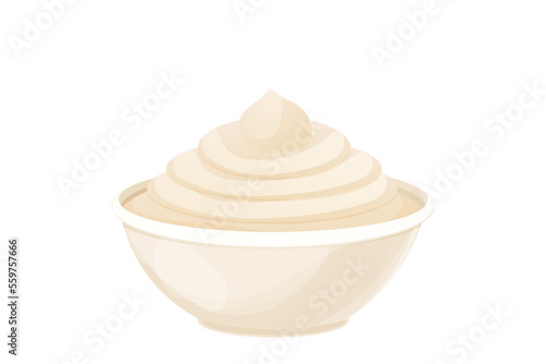 Mayonnaise sauce in dip bowl, cream, mousse in cartoon style isolated on white background